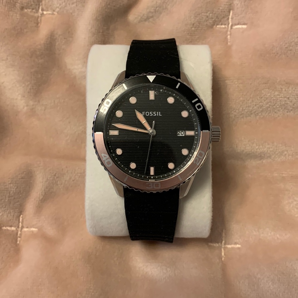 NWOT Fossil watch. Silicone band. Black and pink with silver hardware.